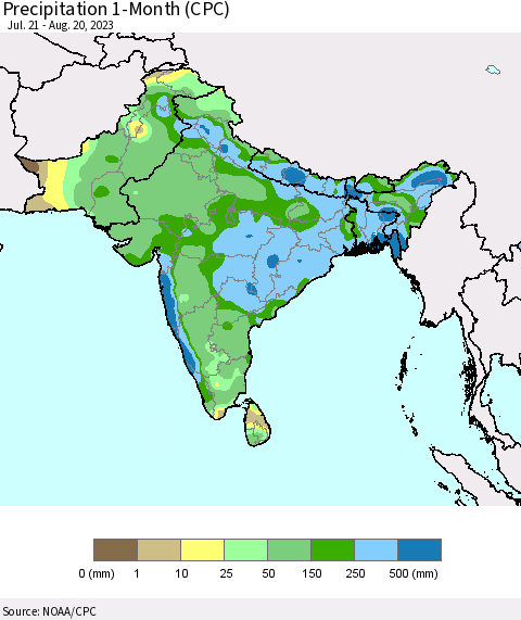 Southern Asia Precipitation 1-Month (CPC) Thematic Map For 7/21/2023 - 8/20/2023