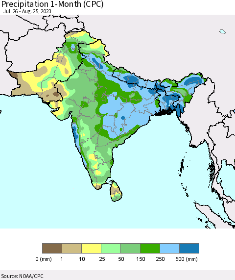 Southern Asia Precipitation 1-Month (CPC) Thematic Map For 7/26/2023 - 8/25/2023