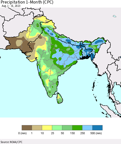 Southern Asia Precipitation 1-Month (CPC) Thematic Map For 8/1/2023 - 8/31/2023