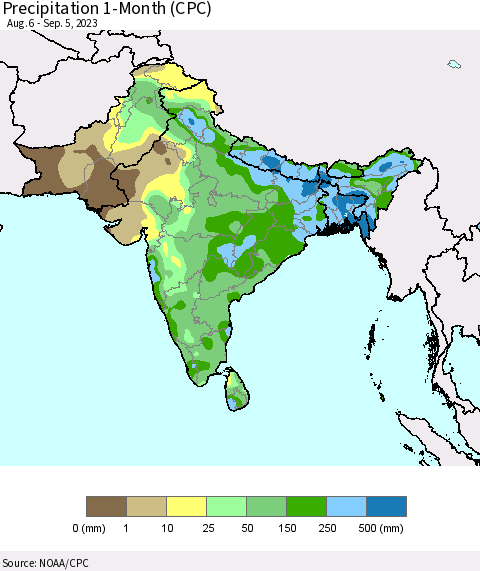 Southern Asia Precipitation 1-Month (CPC) Thematic Map For 8/6/2023 - 9/5/2023