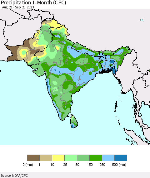 Southern Asia Precipitation 1-Month (CPC) Thematic Map For 8/21/2023 - 9/20/2023