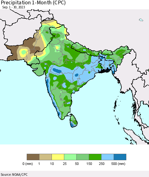 Southern Asia Precipitation 1-Month (CPC) Thematic Map For 9/1/2023 - 9/30/2023