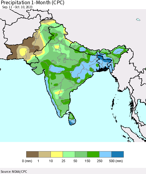 Southern Asia Precipitation 1-Month (CPC) Thematic Map For 9/11/2023 - 10/10/2023