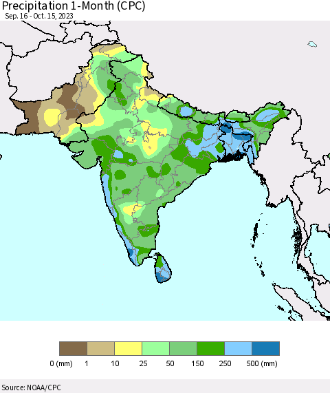 Southern Asia Precipitation 1-Month (CPC) Thematic Map For 9/16/2023 - 10/15/2023