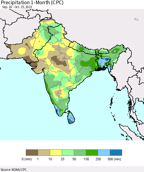 Southern Asia Precipitation 1-Month (CPC) Thematic Map For 9/26/2023 - 10/25/2023