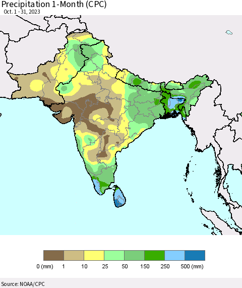 Southern Asia Precipitation 1-Month (CPC) Thematic Map For 10/1/2023 - 10/31/2023