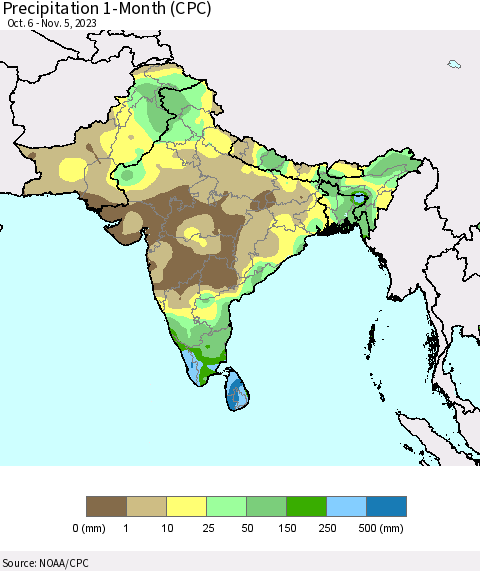 Southern Asia Precipitation 1-Month (CPC) Thematic Map For 10/6/2023 - 11/5/2023
