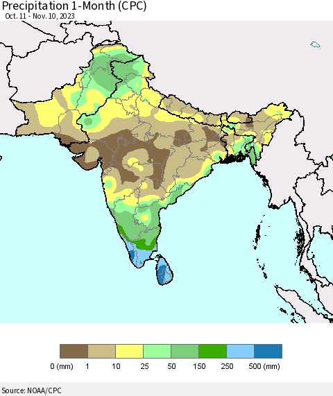 Southern Asia Precipitation 1-Month (CPC) Thematic Map For 10/11/2023 - 11/10/2023
