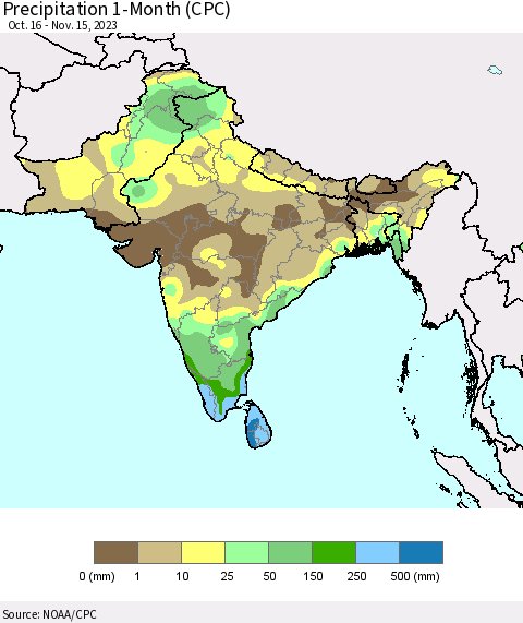 Southern Asia Precipitation 1-Month (CPC) Thematic Map For 10/16/2023 - 11/15/2023