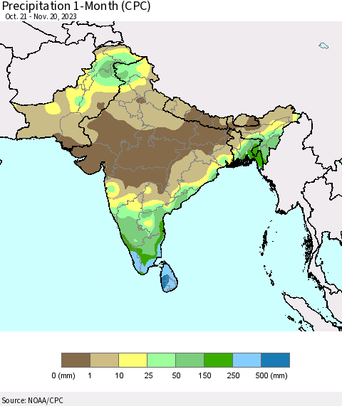 Southern Asia Precipitation 1-Month (CPC) Thematic Map For 10/21/2023 - 11/20/2023