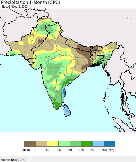 Southern Asia Precipitation 1-Month (CPC) Thematic Map For 11/6/2023 - 12/5/2023