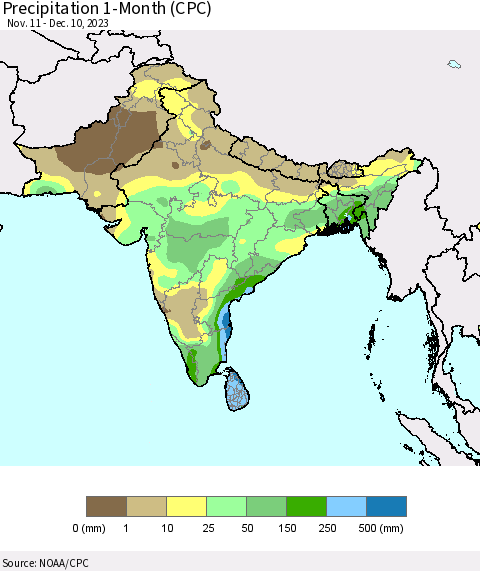 Southern Asia Precipitation 1-Month (CPC) Thematic Map For 11/11/2023 - 12/10/2023