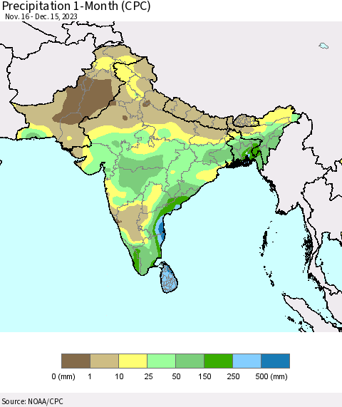 Southern Asia Precipitation 1-Month (CPC) Thematic Map For 11/16/2023 - 12/15/2023