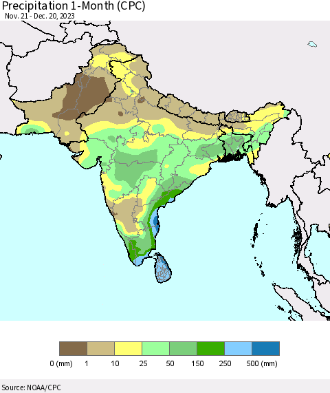 Southern Asia Precipitation 1-Month (CPC) Thematic Map For 11/21/2023 - 12/20/2023