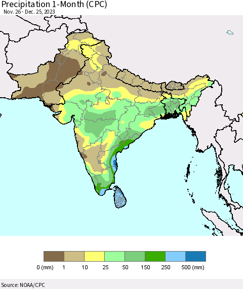 Southern Asia Precipitation 1-Month (CPC) Thematic Map For 11/26/2023 - 12/25/2023