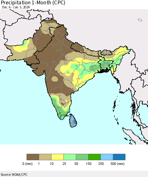 Southern Asia Precipitation 1-Month (CPC) Thematic Map For 12/6/2023 - 1/5/2024