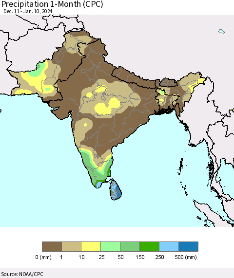 Southern Asia Precipitation 1-Month (CPC) Thematic Map For 12/11/2023 - 1/10/2024