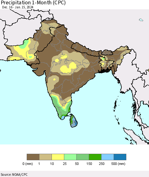 Southern Asia Precipitation 1-Month (CPC) Thematic Map For 12/16/2023 - 1/15/2024