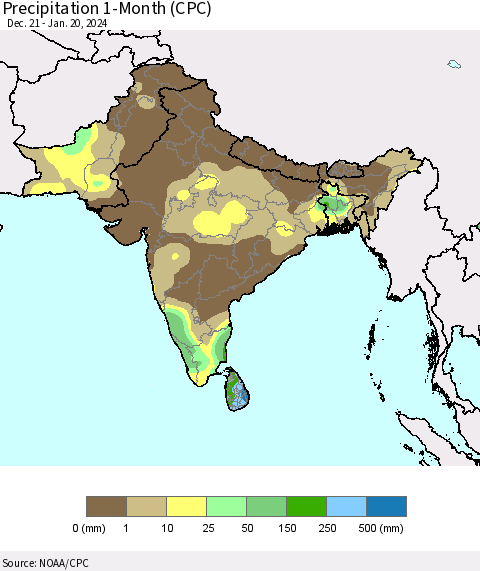Southern Asia Precipitation 1-Month (CPC) Thematic Map For 12/21/2023 - 1/20/2024