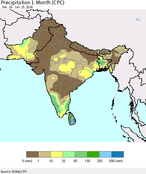 Southern Asia Precipitation 1-Month (CPC) Thematic Map For 12/26/2023 - 1/25/2024