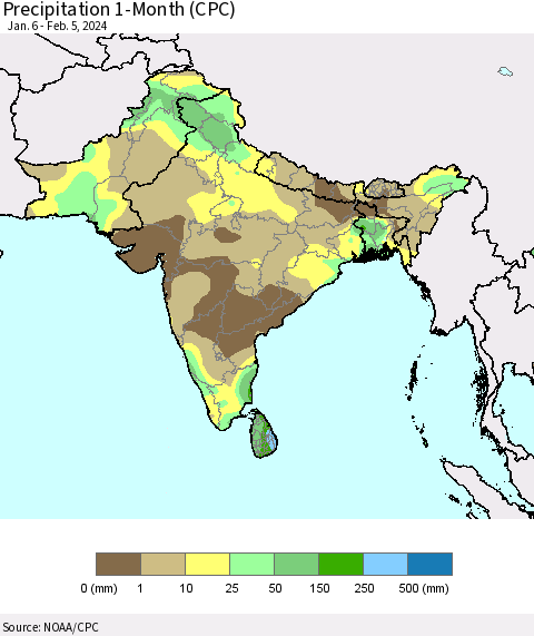 Southern Asia Precipitation 1-Month (CPC) Thematic Map For 1/6/2024 - 2/5/2024