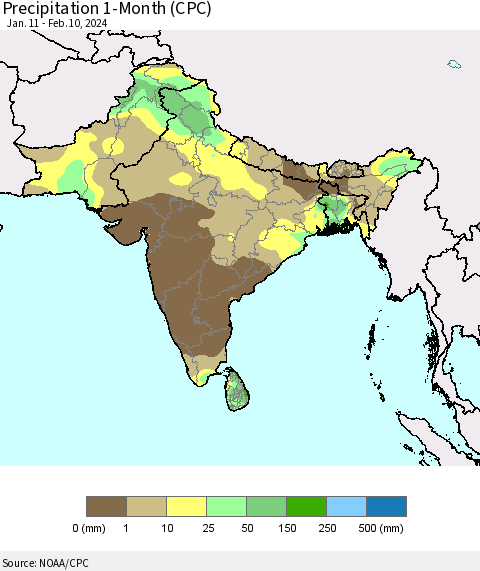 Southern Asia Precipitation 1-Month (CPC) Thematic Map For 1/11/2024 - 2/10/2024