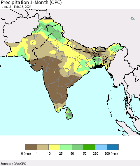 Southern Asia Precipitation 1-Month (CPC) Thematic Map For 1/16/2024 - 2/15/2024