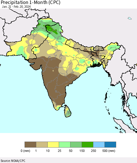 Southern Asia Precipitation 1-Month (CPC) Thematic Map For 1/21/2024 - 2/20/2024
