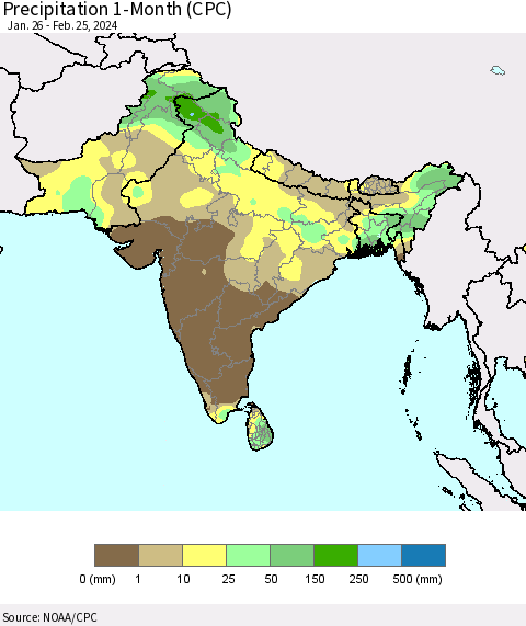 Southern Asia Precipitation 1-Month (CPC) Thematic Map For 1/26/2024 - 2/25/2024