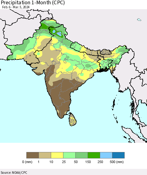 Southern Asia Precipitation 1-Month (CPC) Thematic Map For 2/6/2024 - 3/5/2024