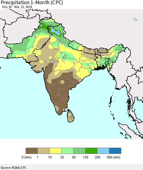 Southern Asia Precipitation 1-Month (CPC) Thematic Map For 2/16/2024 - 3/15/2024