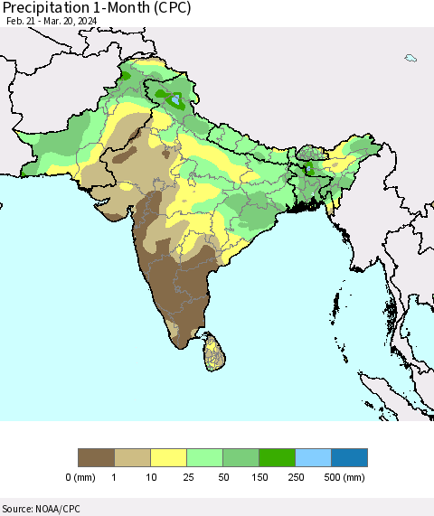 Southern Asia Precipitation 1-Month (CPC) Thematic Map For 2/21/2024 - 3/20/2024