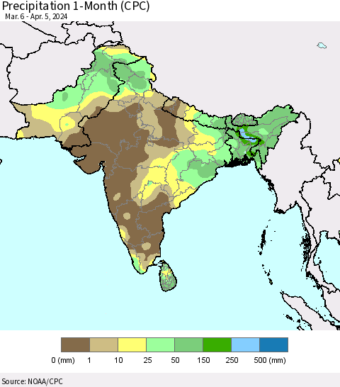 Southern Asia Precipitation 1-Month (CPC) Thematic Map For 3/6/2024 - 4/5/2024