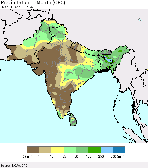 Southern Asia Precipitation 1-Month (CPC) Thematic Map For 3/11/2024 - 4/10/2024