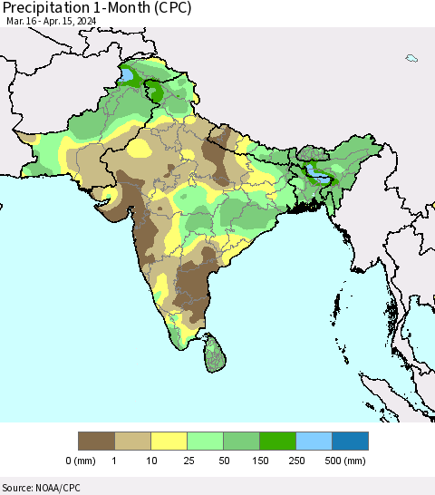 Southern Asia Precipitation 1-Month (CPC) Thematic Map For 3/16/2024 - 4/15/2024