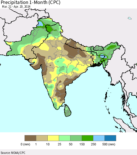 Southern Asia Precipitation 1-Month (CPC) Thematic Map For 3/21/2024 - 4/20/2024