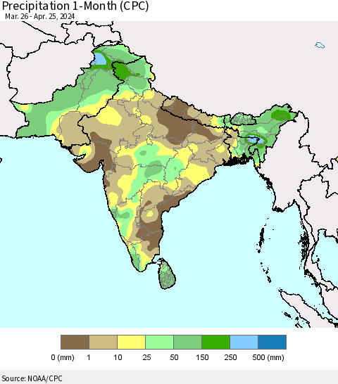 Southern Asia Precipitation 1-Month (CPC) Thematic Map For 3/26/2024 - 4/25/2024