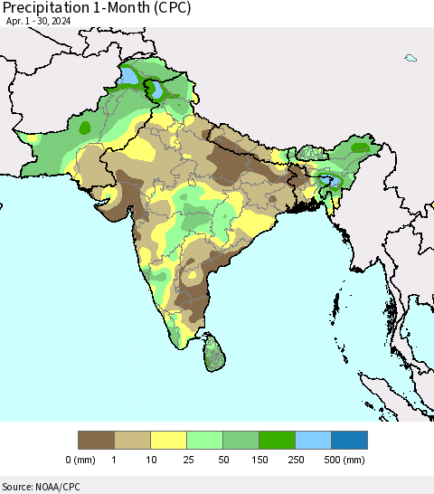 Southern Asia Precipitation 1-Month (CPC) Thematic Map For 4/1/2024 - 4/30/2024