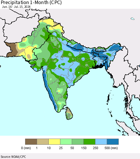 Southern Asia Precipitation 1-Month (CPC) Thematic Map For 6/16/2024 - 7/15/2024