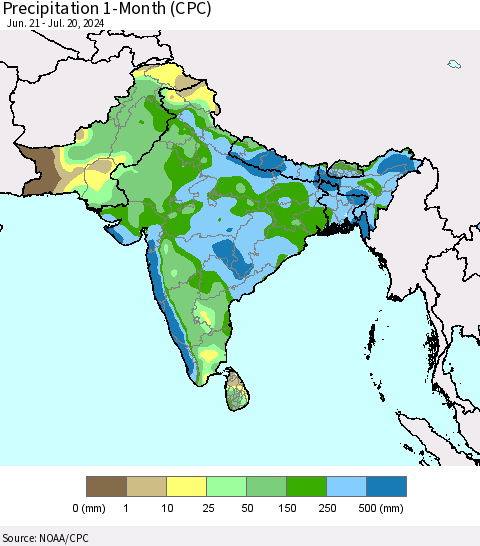 Southern Asia Precipitation 1-Month (CPC) Thematic Map For 6/21/2024 - 7/20/2024