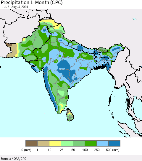 Southern Asia Precipitation 1-Month (CPC) Thematic Map For 7/6/2024 - 8/5/2024
