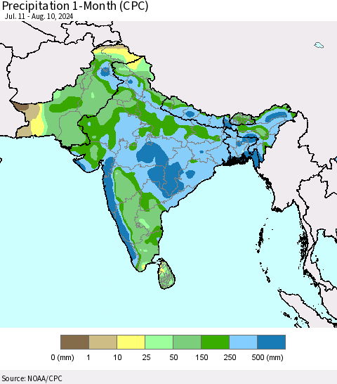 Southern Asia Precipitation 1-Month (CPC) Thematic Map For 7/11/2024 - 8/10/2024