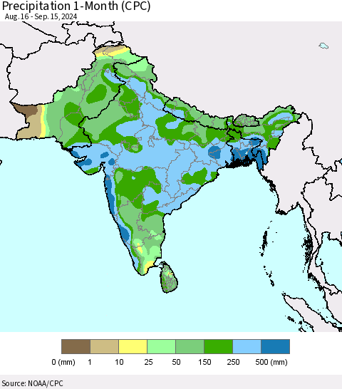 Southern Asia Precipitation 1-Month (CPC) Thematic Map For 8/16/2024 - 9/15/2024