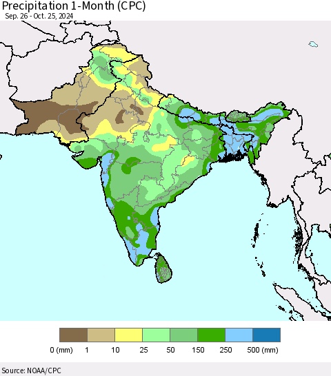 Southern Asia Precipitation 1-Month (CPC) Thematic Map For 9/26/2024 - 10/25/2024
