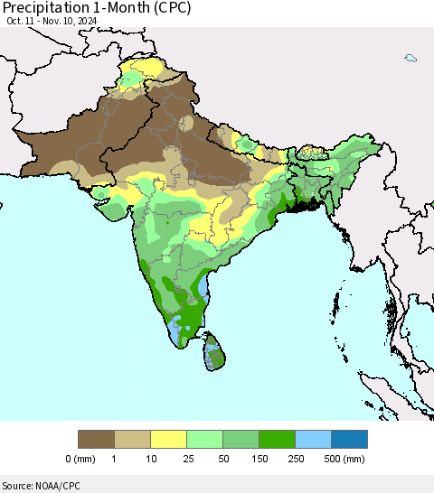 Southern Asia Precipitation 1-Month (CPC) Thematic Map For 10/11/2024 - 11/10/2024
