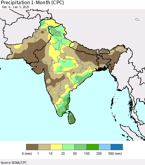 Southern Asia Precipitation 1-Month (CPC) Thematic Map For 12/6/2024 - 1/5/2025
