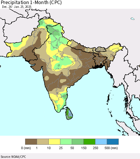 Southern Asia Precipitation 1-Month (CPC) Thematic Map For 12/26/2024 - 1/25/2025