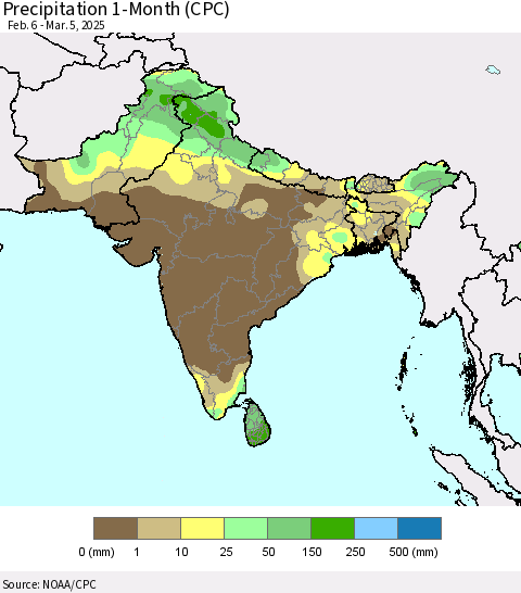Southern Asia Precipitation 1-Month (CPC) Thematic Map For 2/6/2025 - 3/5/2025