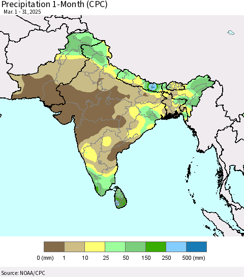 Southern Asia Precipitation 1-Month (CPC) Thematic Map For 3/1/2025 - 3/31/2025