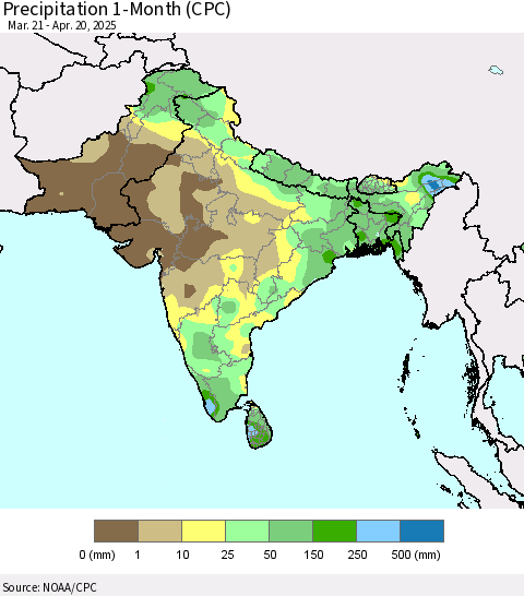 Southern Asia Precipitation 1-Month (CPC) Thematic Map For 3/21/2025 - 4/20/2025